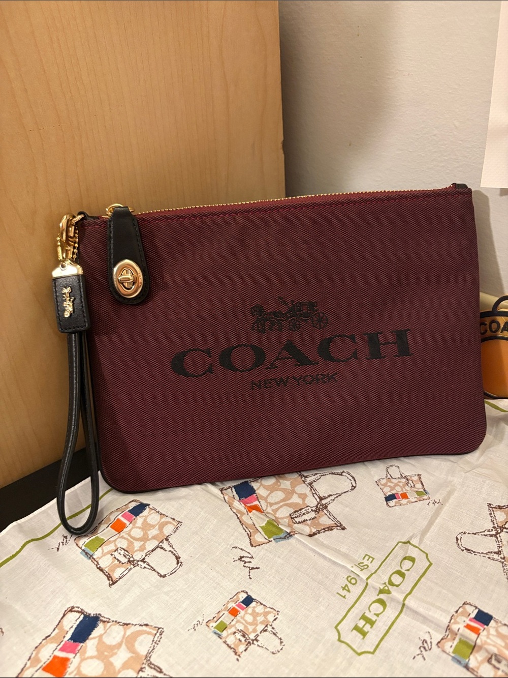 Coach Burgundy Canvas Wristlet Pouch